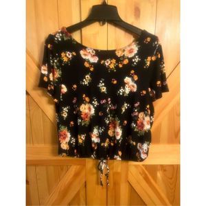 REWIND  Womens Top Blouse Shirt black Floral with front tie